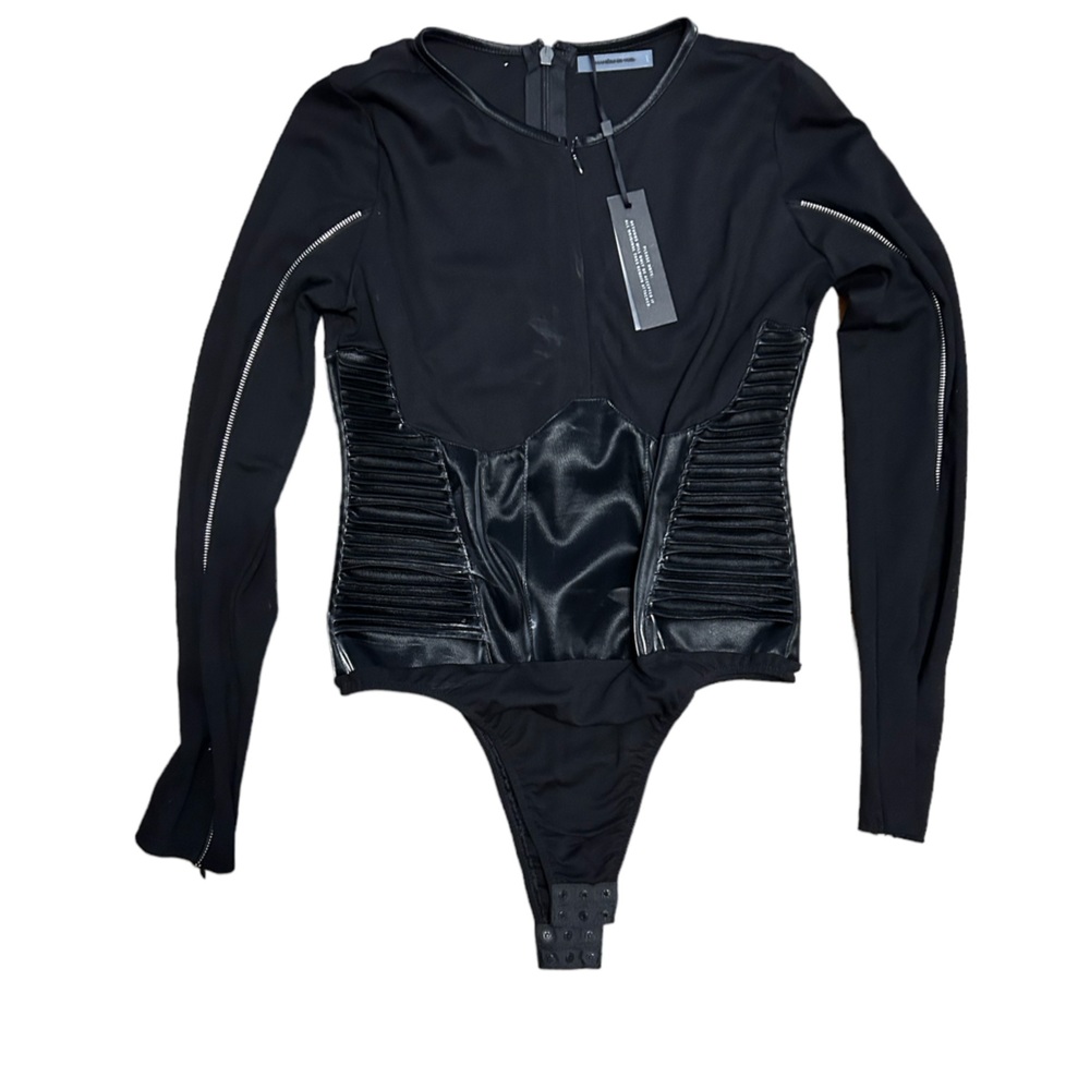 Black body suit with zipper detail on sleeves